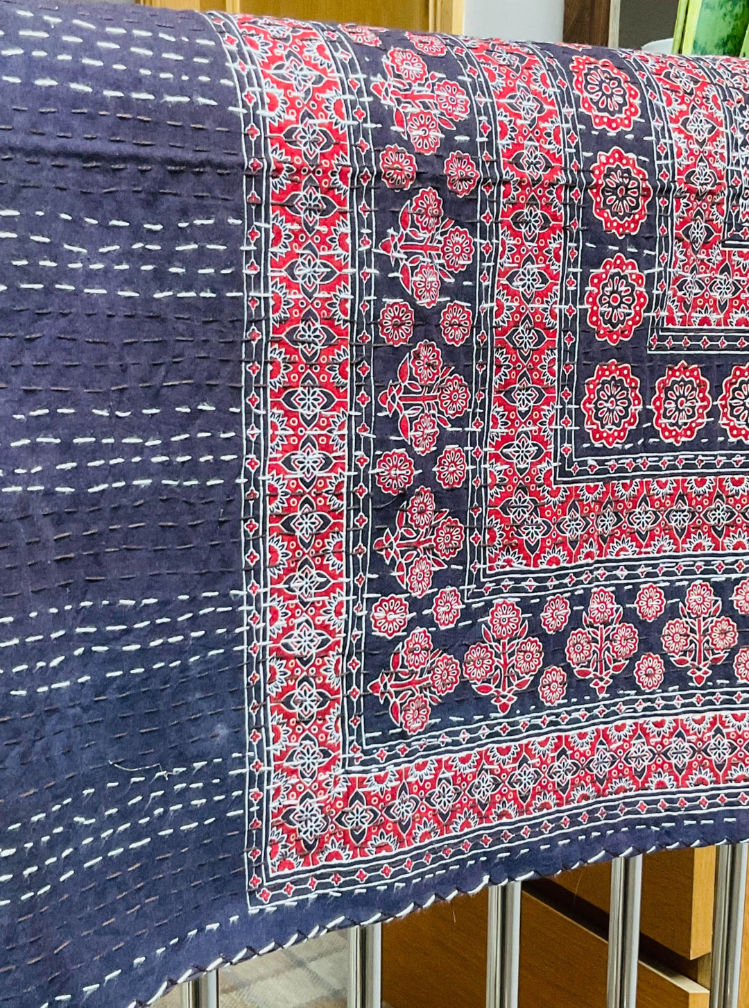 Vintage Indian Kantha Red and Blue Traditional Design Recycled Multi Colour Cotton Throw Bedspread Cover 140 cm x 228 cm