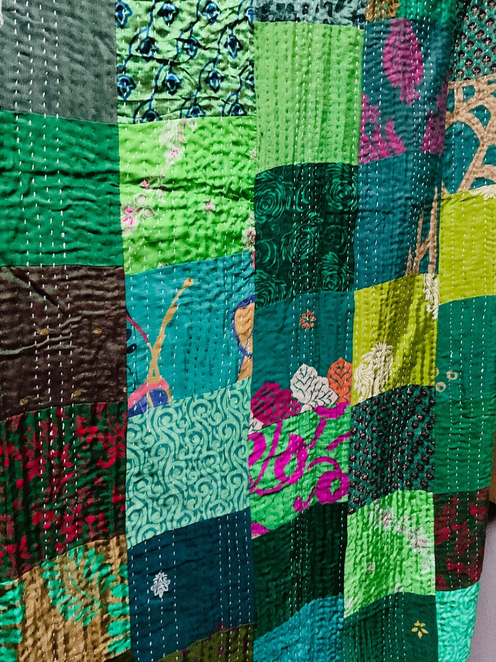 Handmade Indian Kantha Recycled Multi Colour Green Patchwork Cotton Sari Throw Bedspread Cover 150 cm x 229 cm