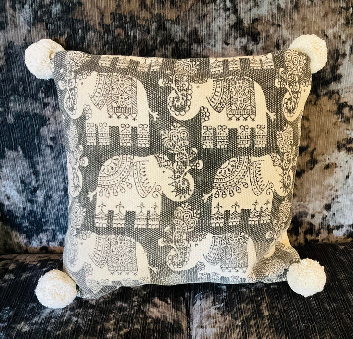 Elephant Print Cushion Covers Soft Cotton With Pom Poms