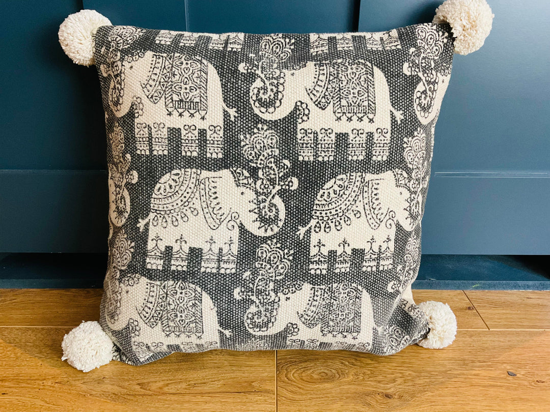 Elephant Print Cushion Covers Soft Cotton With Pom Poms