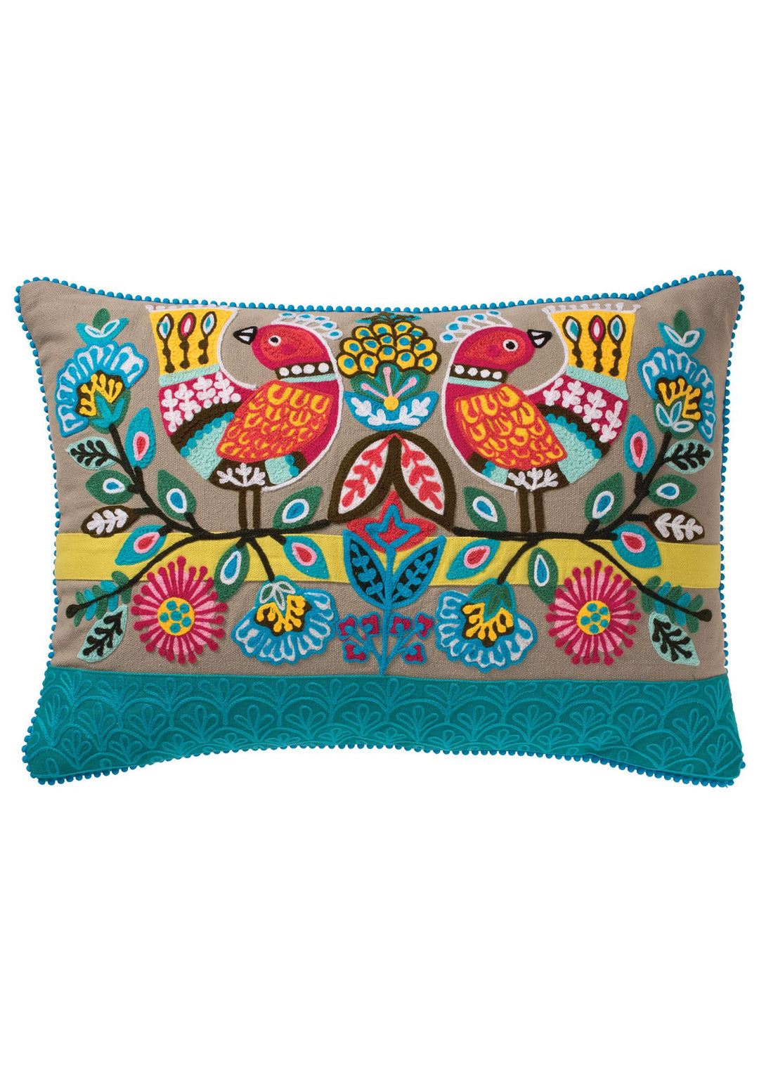 Multi Colour Rectangular Embroidered Birds Cotton Cushion Cover 35 cm x 50 cm