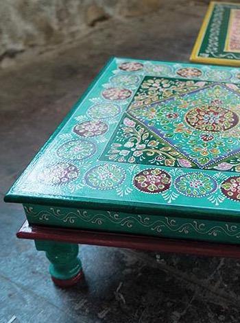 Hand Painted Turquoise Wooden Bajot Table - Second Nature Online