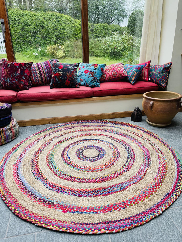 FIESTA Round Rug Jute Hand Woven with Recycled Fabric - Second Nature Online