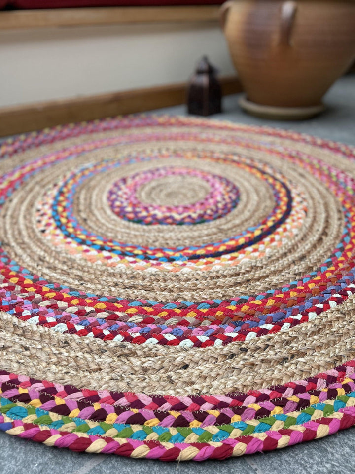 FIESTA Round Rug Jute Hand Woven with Recycled Fabric - Second Nature Online