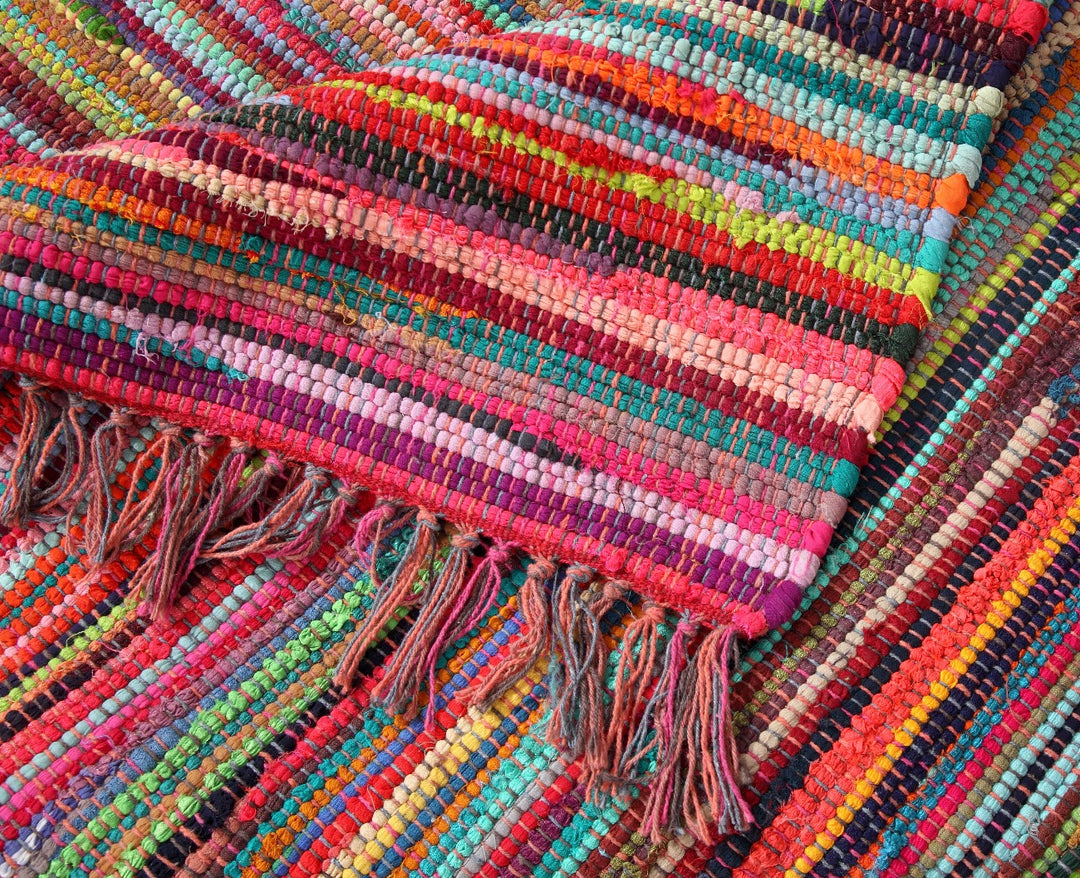Festival Boho Rag Rug Flat Weave Multi Colour with Tassels Close Up Second Nature Online