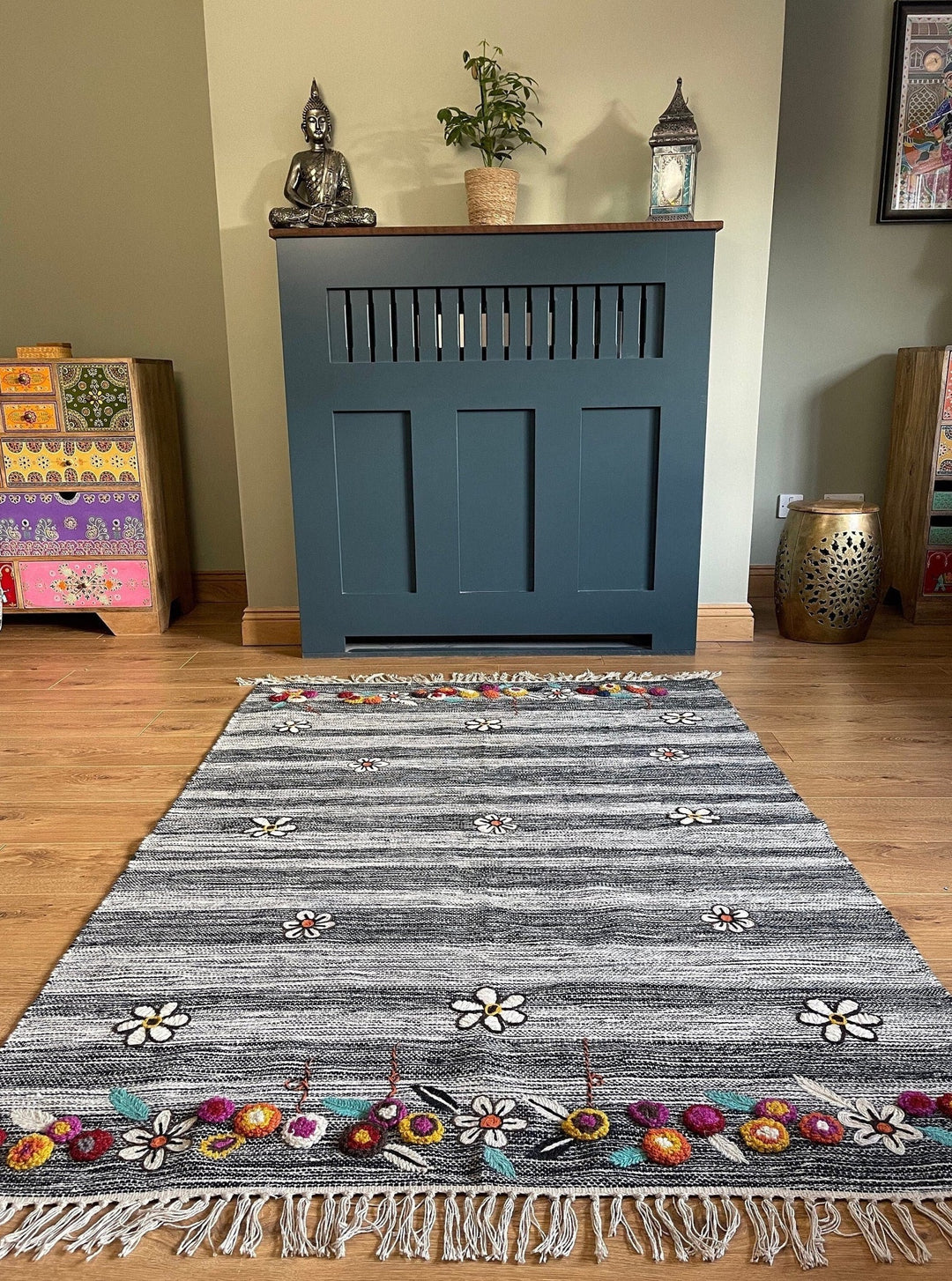 Beautiful Flower Floral Embroidered Black Grey and White Striped Wool and Cotton Rug 120 cm x 180 cm