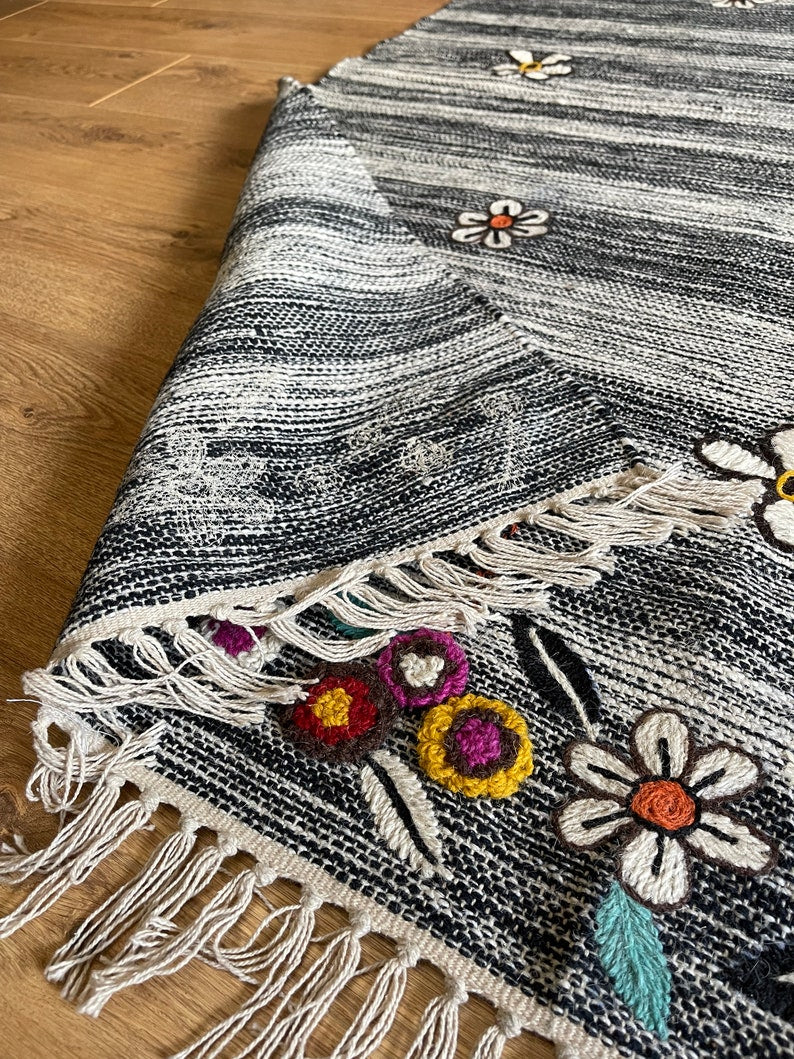 Beautiful Flower Floral Embroidered Black Grey and White Striped Wool and Cotton Rug 120 cm x 180 cm