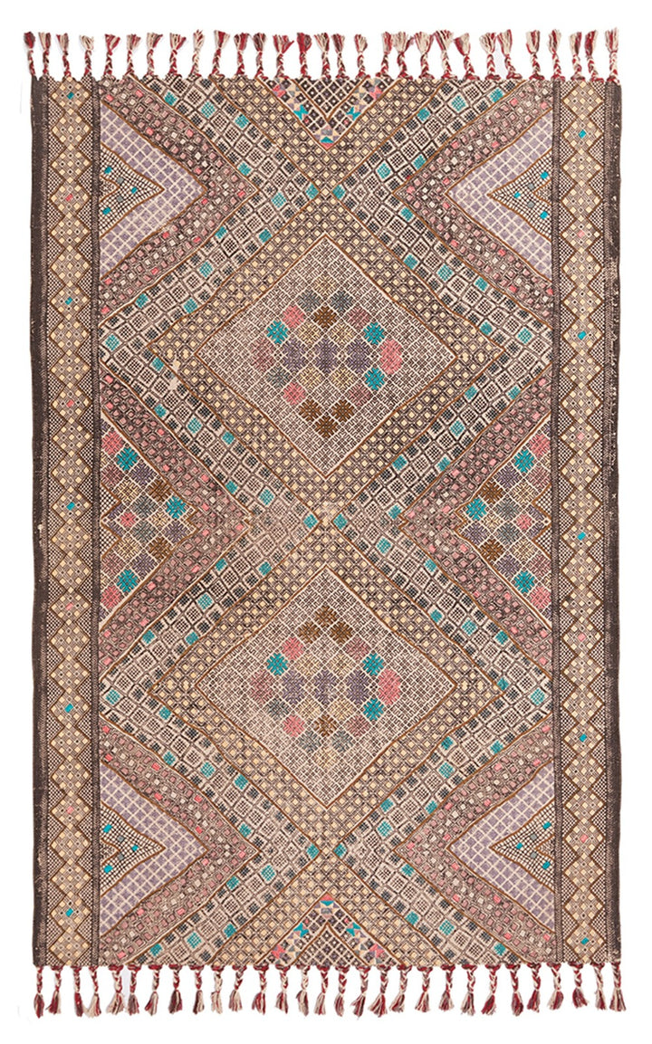 Indian Geometric Printed Rug With Suzani Embroidery 120 cm x 180 cm