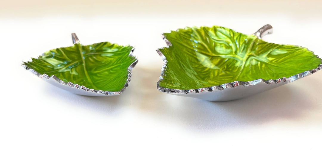 Two Green Leaf Aluminium Enamel Dishes Large and Small