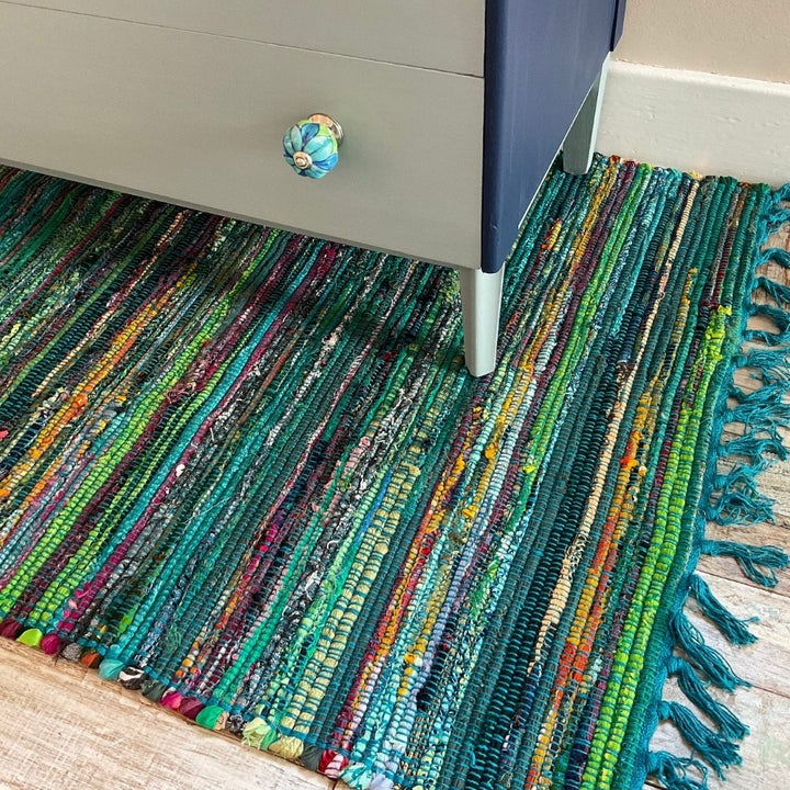 Green Striped Cotton Rag Rug - Second Nature Online