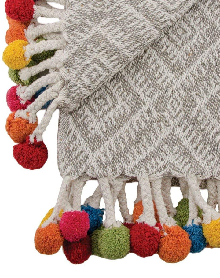 Grey Recycled Cotton Throw with Multi Pom Poms Second Nature Online