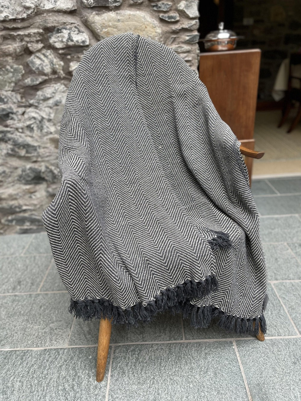 Large Grey Throw in Heavy Cotton with Herringbone Design - Second Nature Online