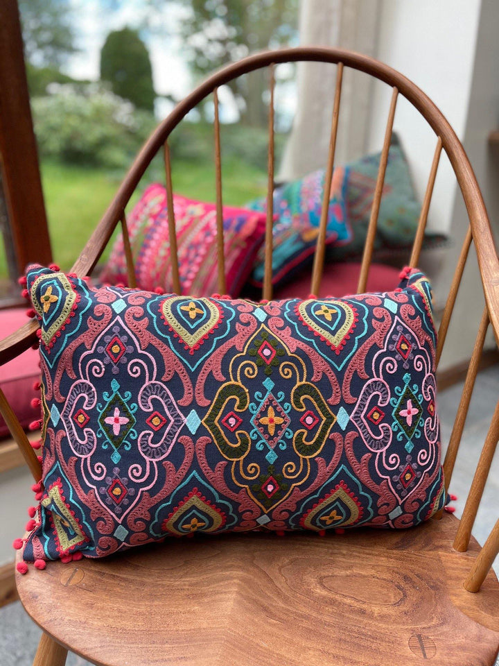 Farisha Embroidered Indian Cushion Cover with Mini Pom Poms - Second Nature Online
