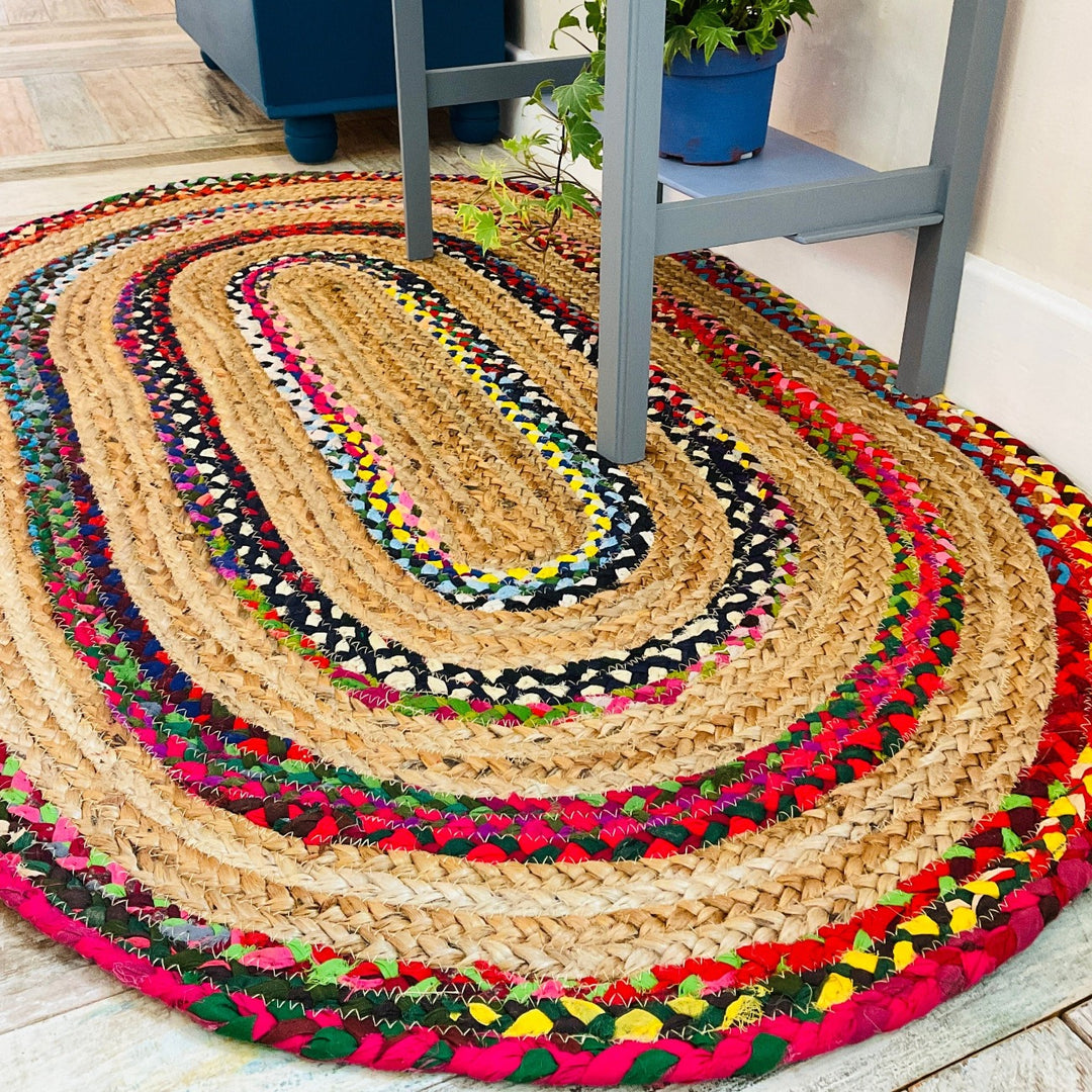 FIESTA Oval Rug Jute Hand Woven with Recycled Fabric