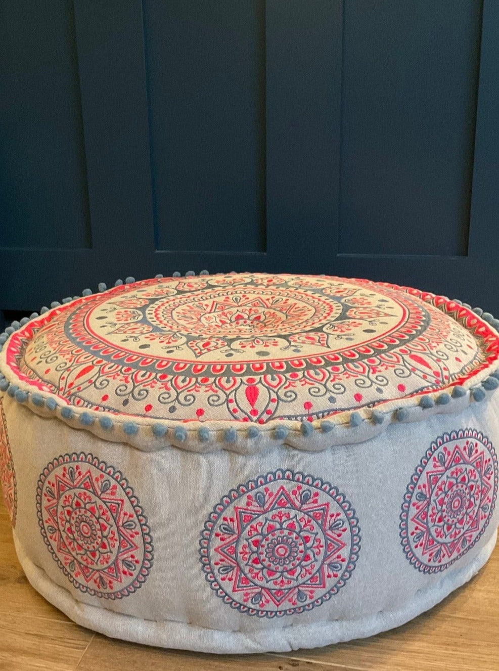 Mandala Pouffe in Natural Cotton and Pink Embroidery