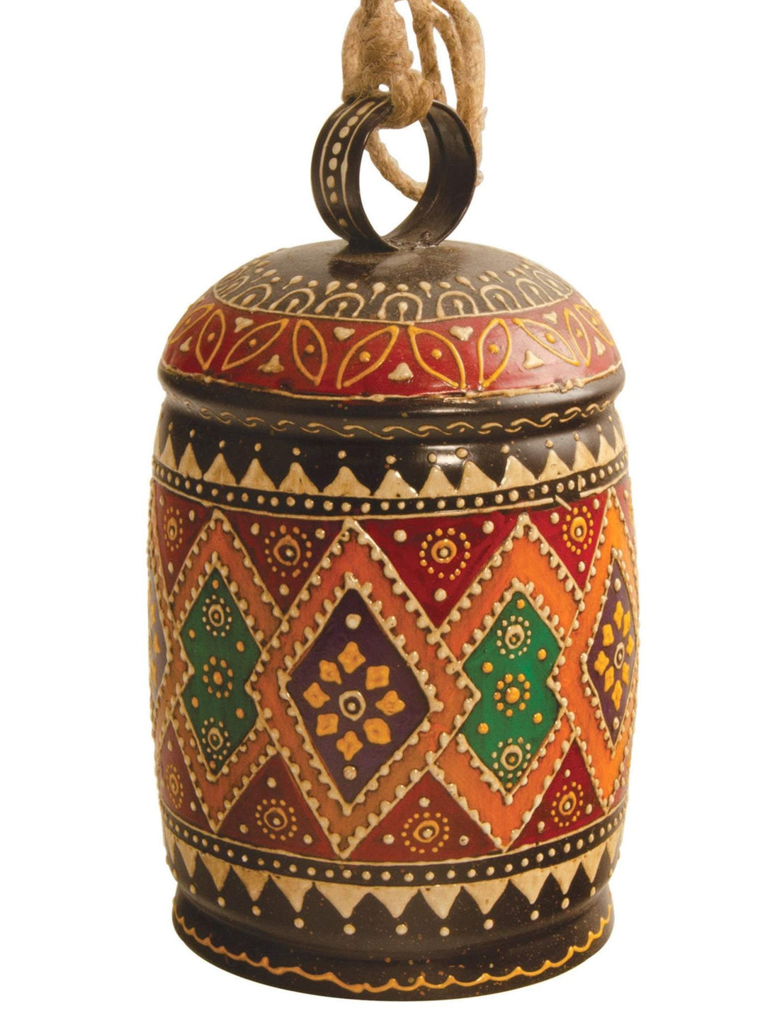 Traditional Hand Crafted Hand Painted Indian Bell With Diamond Pattern in Multi Colours