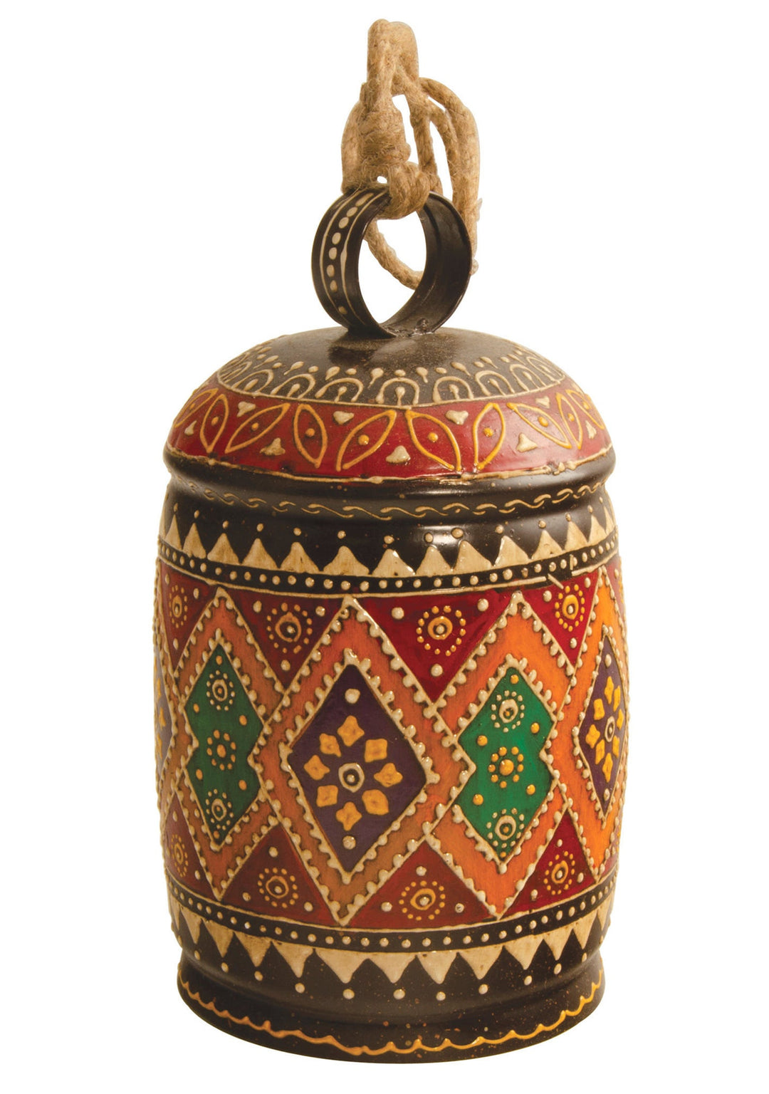 Traditional Hand Crafted Hand Painted Indian Bell With Diamond Pattern in Multi Colours