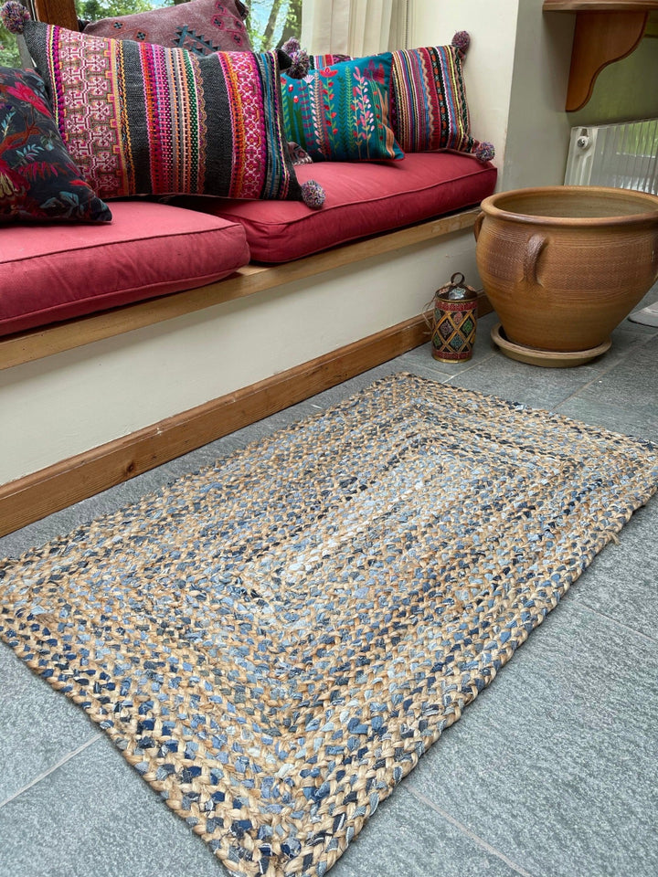 Jeannie Denim Rug Braided Jute Blue Cotton - Second Nature Online