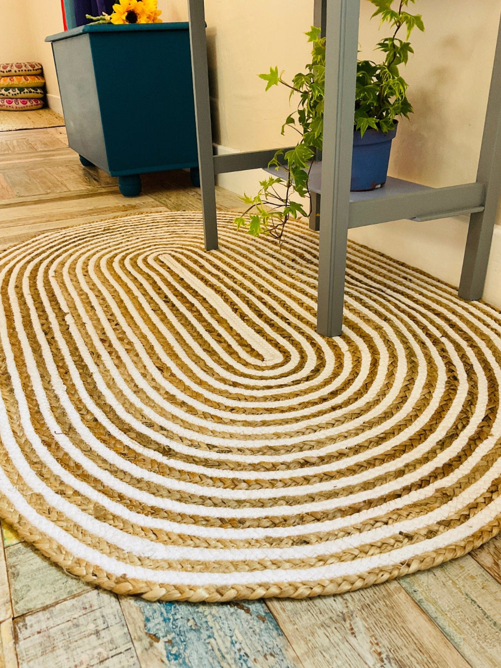 Jute Cotton Striped Braided Oval Rug- Second Nature Online
