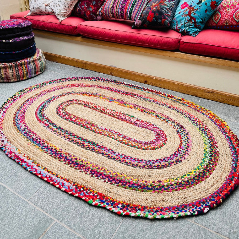 Jute and Cotton Braided Multi Colour Oval Rug - Second Nature Online