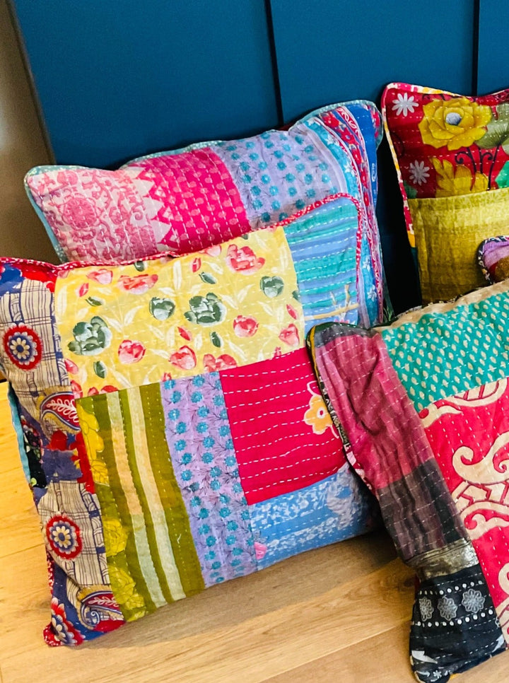 Kantha Large Cushion Cover Square Multi Colour Indian Cotton Patchwork