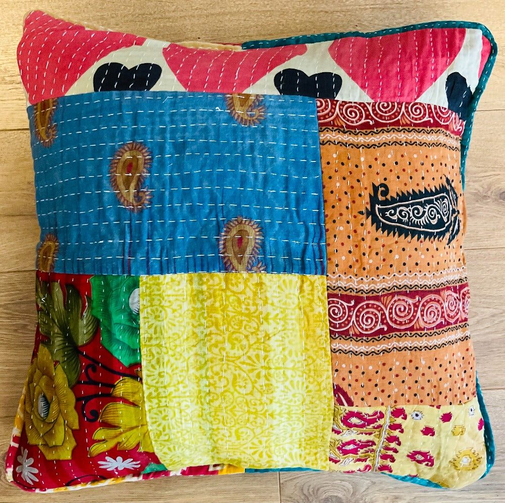 Kantha Large Cushion Cover Square Multi Colour Indian Cotton Patchwork