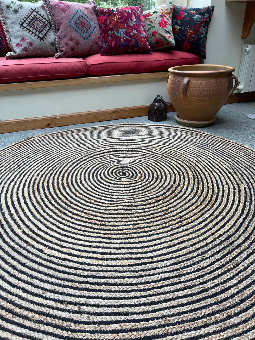 Black Round Striped Rug Jute Natural Braided Rug Second Nature Online