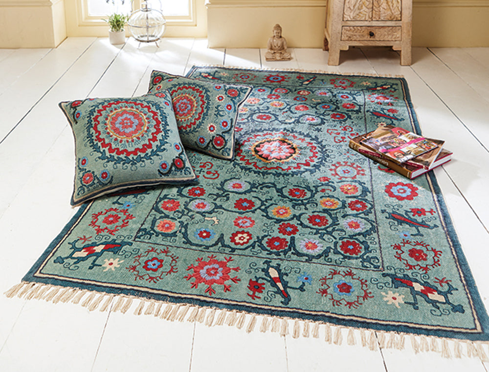 Indian Blue Turquoise Printed Suzani Embroidered Rug 120 cm x 180 cm
