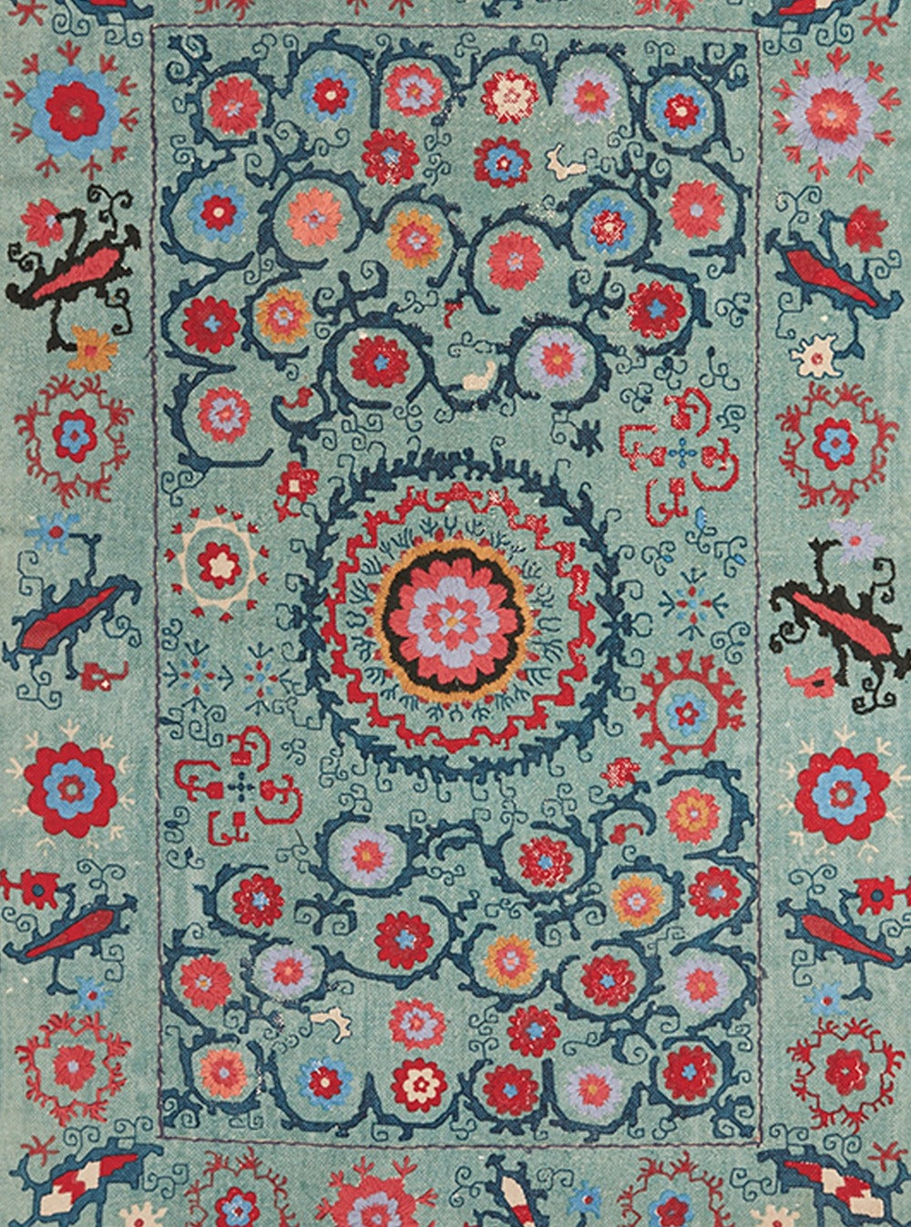 Indian Blue Turquoise Printed Suzani Embroidered Rug 120 cm x 180 cm
