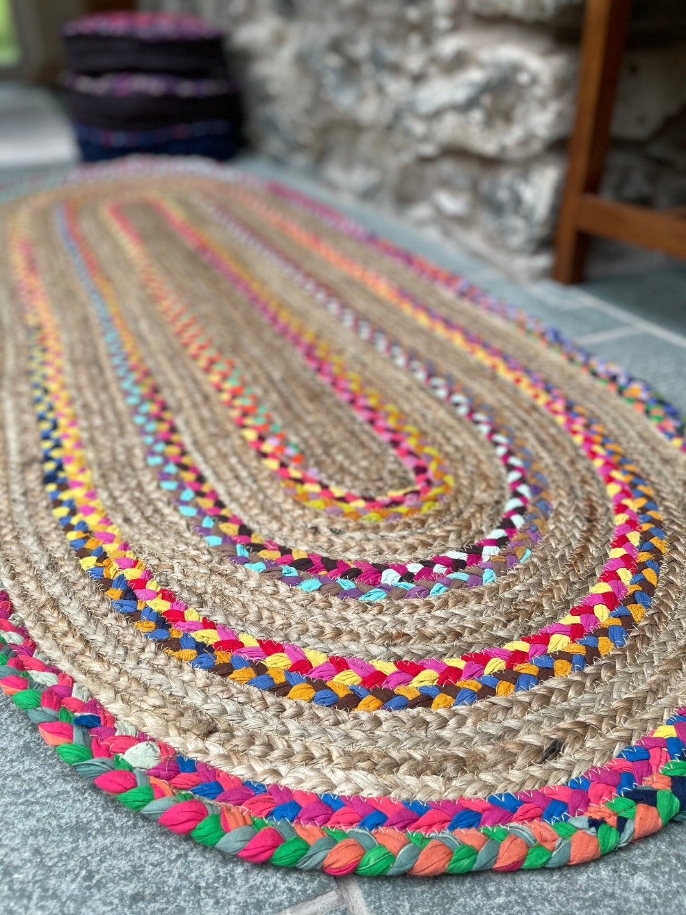Long Jute Runner Rug_With_Recycled_Rainbow_Cotton_Braided_Design - Second Nature Online