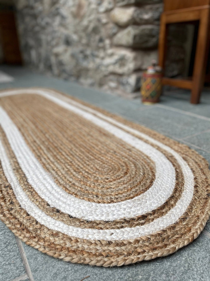 Long Oval Jute Runner Rug With Cream Border - Second Nature Online