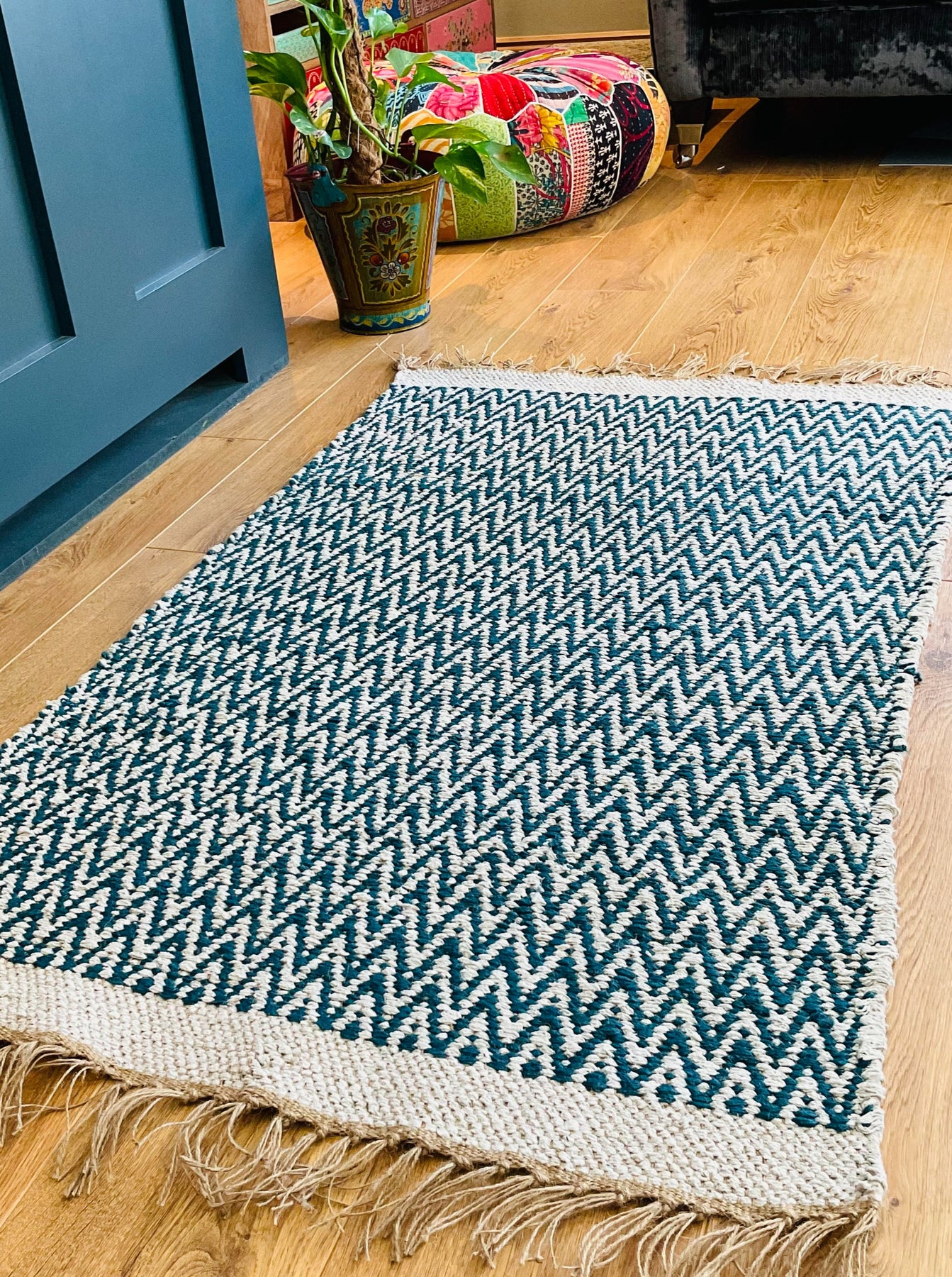 Mallard Rug Blue Rug | Herringbone Rug | 70 cm x 115 cm | Cotton Rug | Jute Rug ...