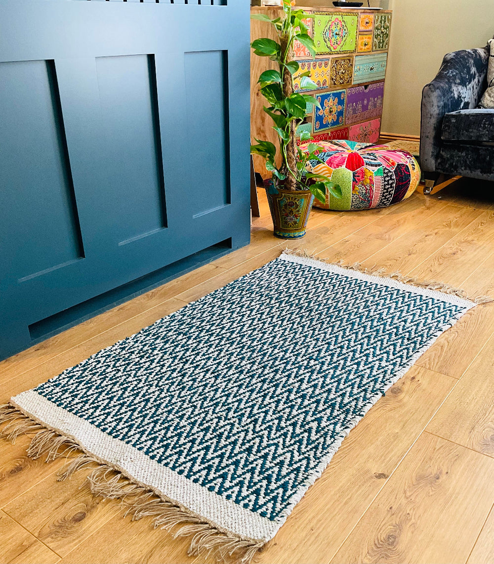Mallard Rug Blue Rug | Herringbone Rug | 70 cm x 115 cm | Cotton Rug | Jute Rug ...