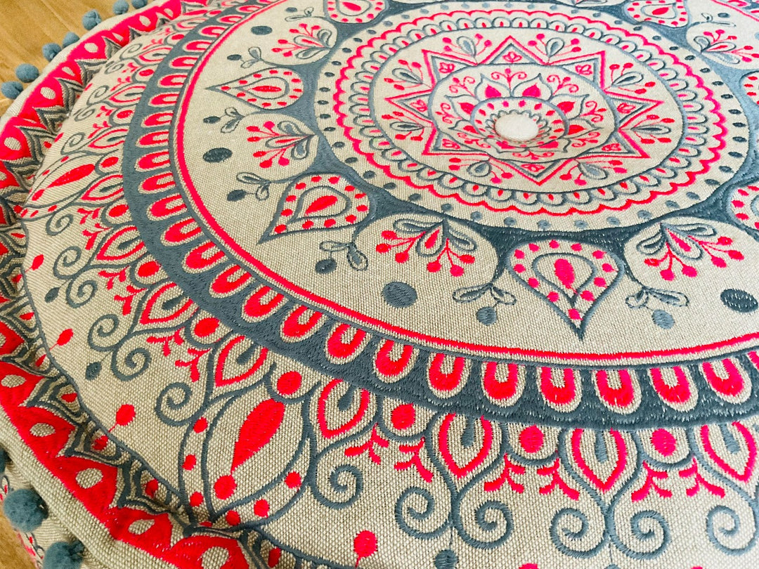 Mandala Pouffe in Natural Cotton and Pink Embroidery