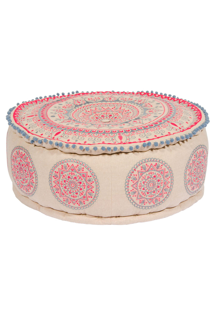 Mandala Pouffe in Natural Cotton and Pink Embroidery - Second Nature Online