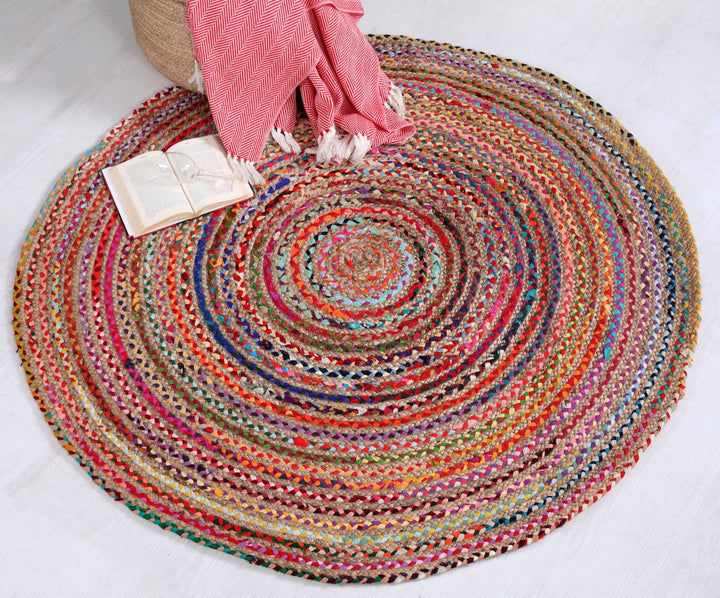 MISHRAN Round Rug Jute Hand Woven with Multicolour Recycled Fabric