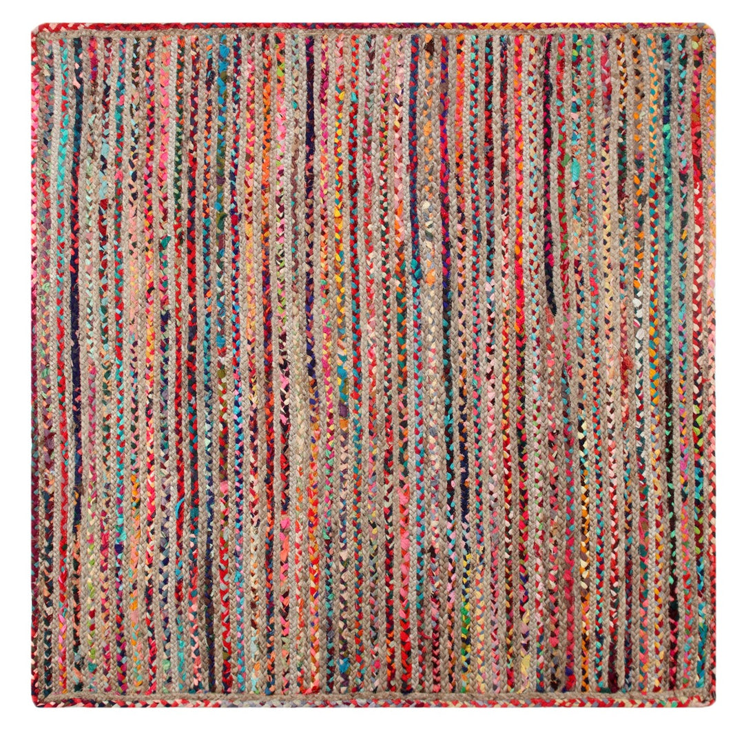 MISHRAN Square Rug Jute Hand Woven with Multicolour Recycled Fabric