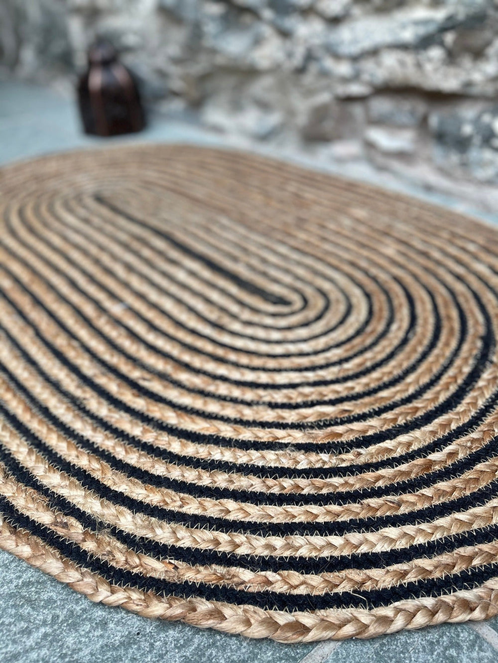 Natural Jute and Black Cotton Striped Oval Rug - Second Nature Online