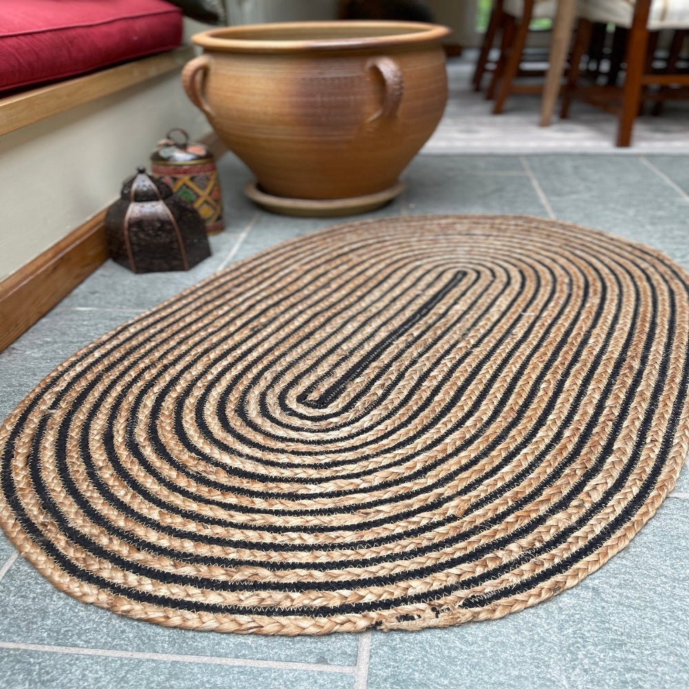 Oval Jute Black Cotton Striped Rug - Second Nature Online