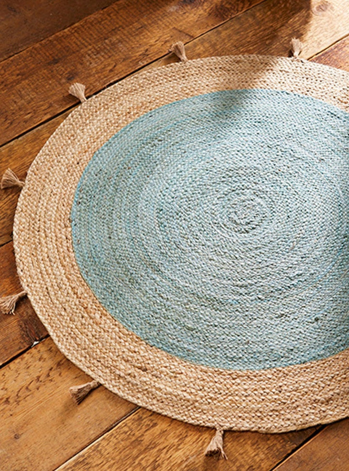 Pale Blue and Natural Round Jute Rug Available in 90 cm or 120 cm