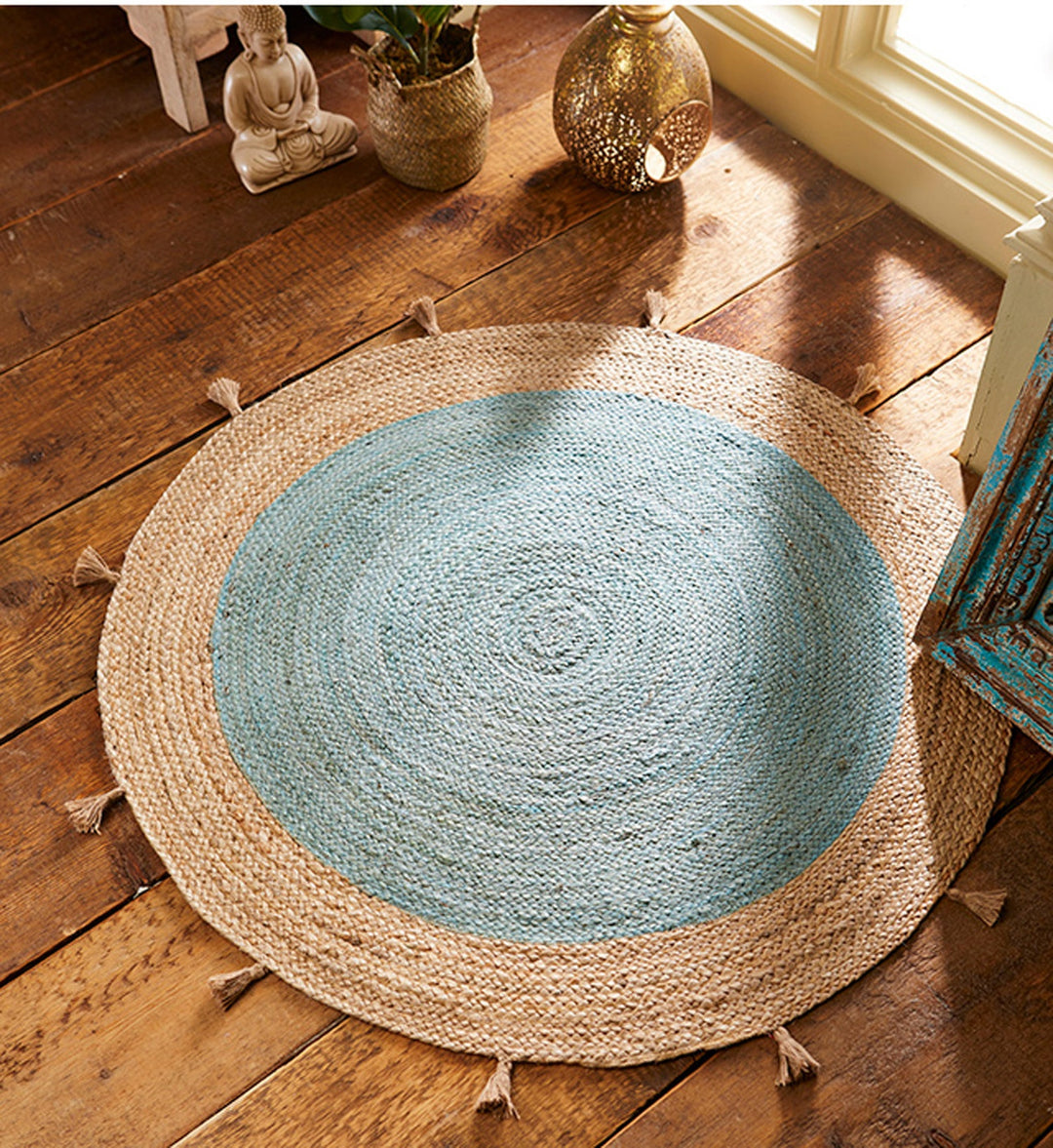 Pale Blue and Natural Round Jute Rug Available in 90 cm or 120 cm