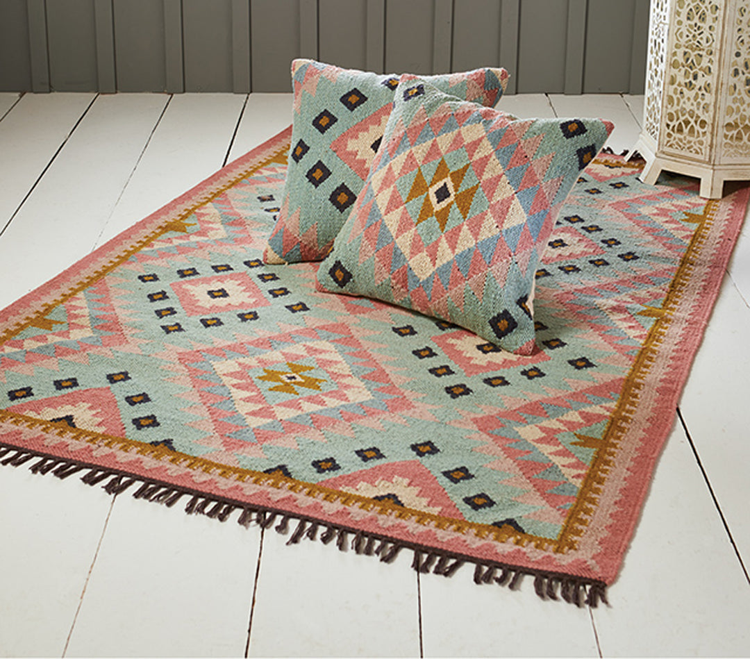 Pink Grey and Blue Pastel Geometric Wool Kilim Various Sizes Available