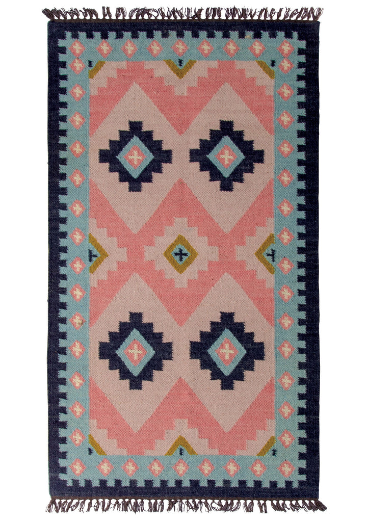 Pink Blue Pastel Wool Cotton Kilim 75 cm x 135 cm
