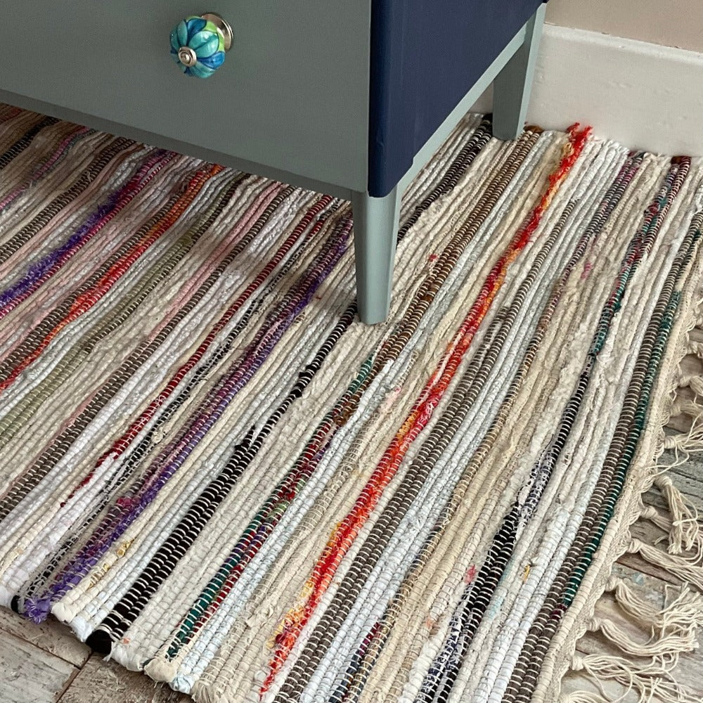 Pastel White Cream Multi Colour Festival Rag Rug - Second Nature Online