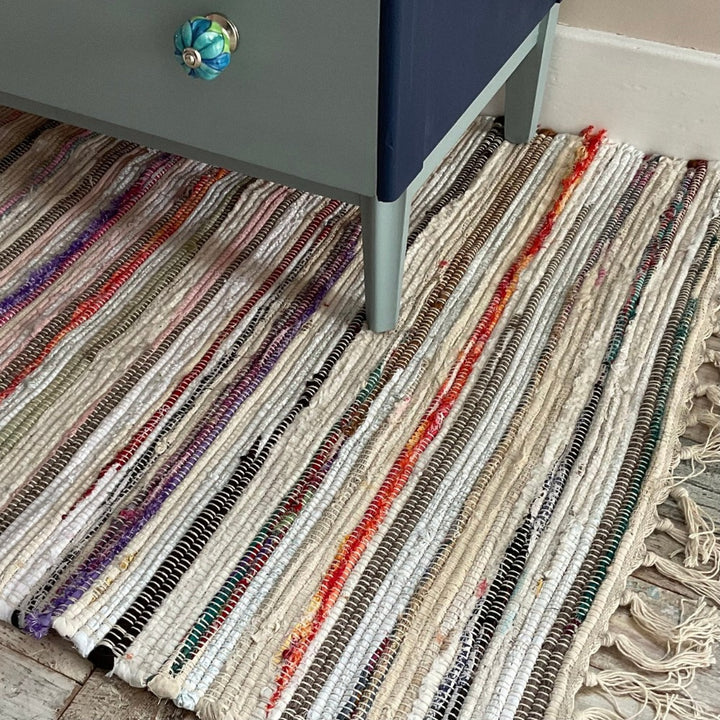 Pastel White Cream Multi Colour Festival Rag Rug - Second Nature Online