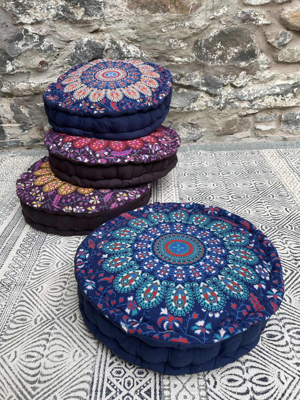 Round Yoga Cushion for Pilates and Meditation in Peacock Design - Second Nature Online