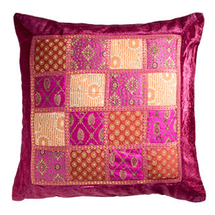 Indian Recycled Sari and Velvet Pink Patchwork Cushion