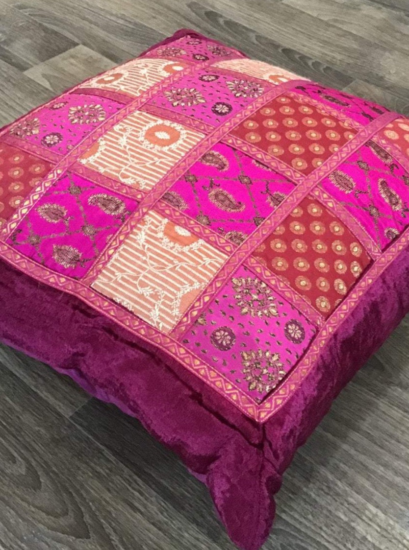Indian Recycled Sari and Velvet Pink Patchwork Cushion