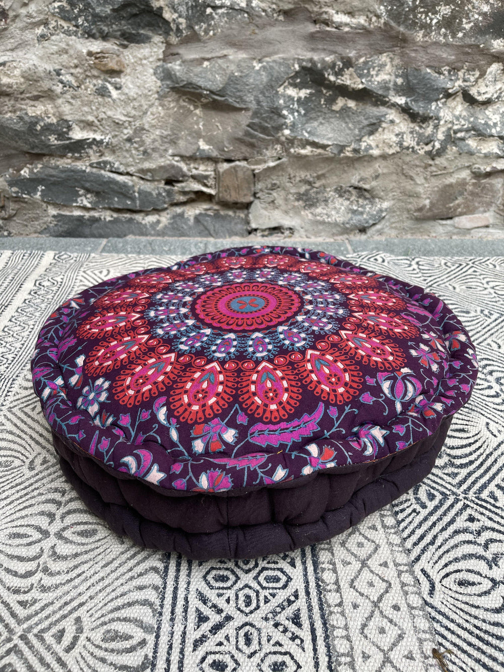 Round Yoga Cushion for Pilates and Meditation in Peacock Design - Second Nature Online