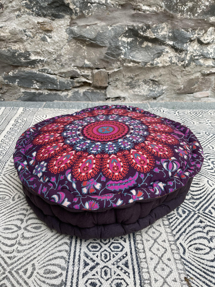 Round Yoga Cushion for Pilates and Meditation in Peacock Design - Second Nature Online